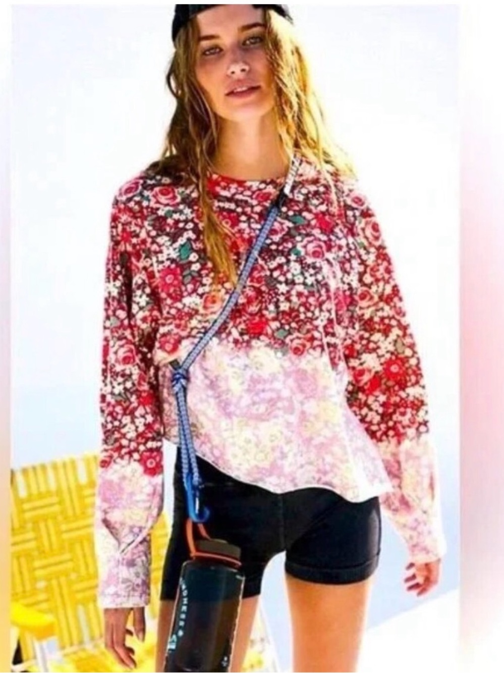 NWT FP Movement Inspire Floral Printed Layer-Faded Faded Poppy Red Shirt Sz M